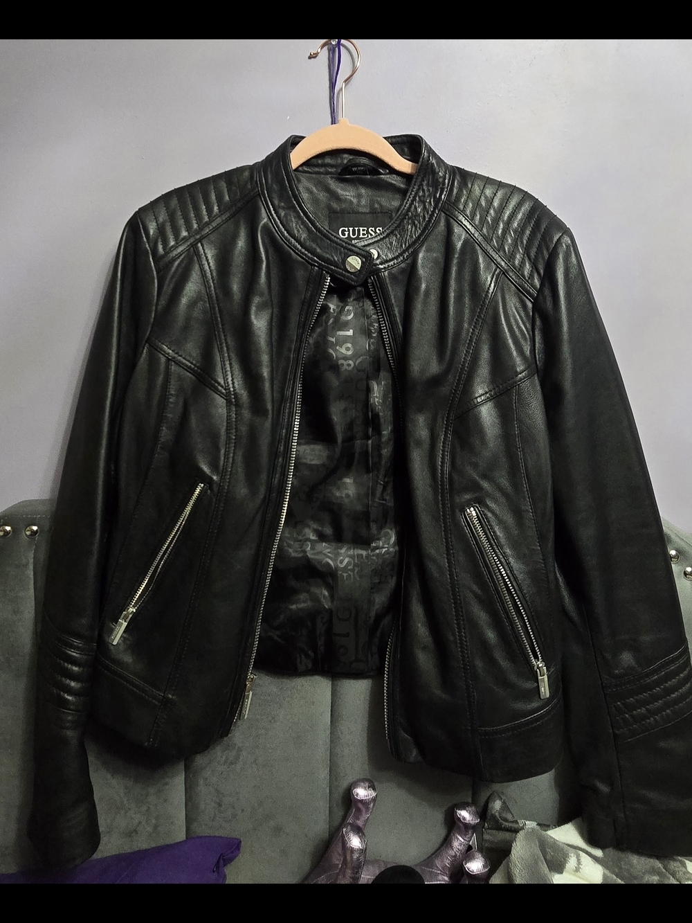 GUESS Genuine Black Leather Moto Jacket